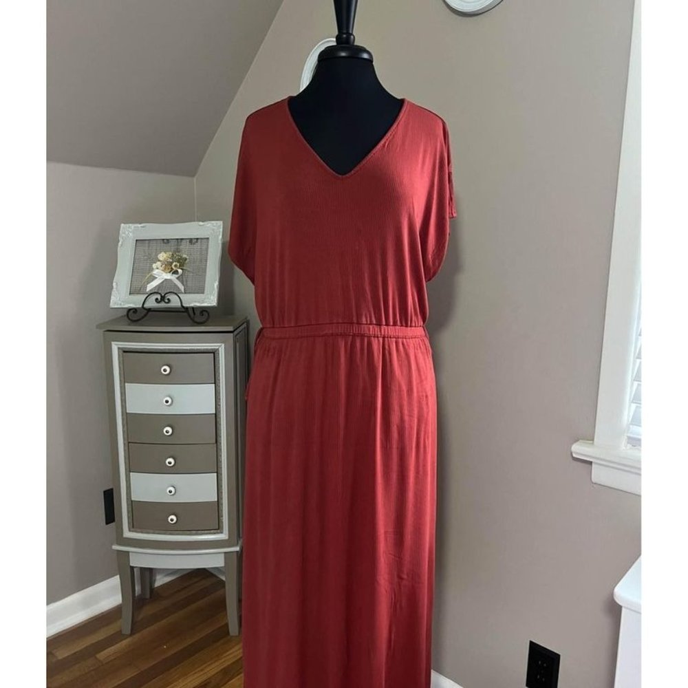 XXL Women's Burnt Orange Long Dress Waist-Defined Dolman-Sleeve Rib-Knit